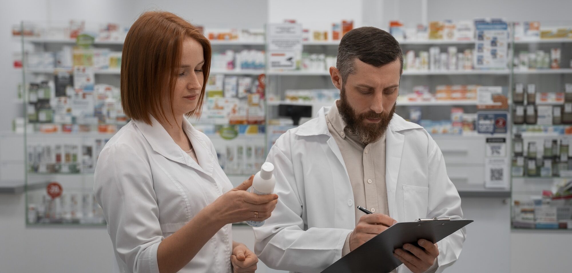 "Farmacéuticos revisando productos en una farmacia"